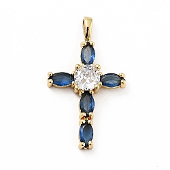 Prussian Blue Rack Plating Brass Micro Pave Cubic Zirconia Pendants, Long-Lasting Plated, Lead Free & Cadmium Free, Cross, Real 18K Gold Plated, Religion, Prussian Blue, 28.5x17x5mm, Hole: 2.5x4mm