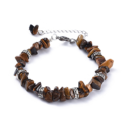 Tiger Eye Natural Tiger Eye Chip Bracelets, with Flat Round Tibetan Style Alloy Spacers Beads and Stainless Steel Findings, 7-1/4 inch~7-3/8 inch(18.4~18.8cm)
