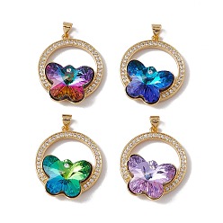 Mixed Color Brass Micro Pave Clear Cubic Zirconia Pendants, with Glass Cabochon, Cadmium Free & Nickel Free & Lead Free, Rack Plating, Flat Round with Butterfly, Mixed Color, 29.5x25.5x10mm, Hole: 3.5x5mm