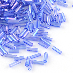 Royal Blue AB Color Plated Glass Bugle Beads, Transparent Colours Rainbow, Royal Blue, 4~4.5x2mm, Hole: 1mm, about 450g/bag, 14000pcs/bag