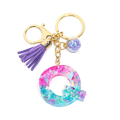 Letter Q Resin Keychains, Tassel Keychain, Glass Ball Keychain, with Light Gold Tone Plated Iron Findings, Alphabet, Letter.Q, 11.2x1.2~5.7cm