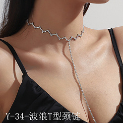 Y-34-Wave T-necklace-Silver Bottom White Diamond Fashionable European and American Full Diamond Wavy Necklace T-shaped Long Necklace Female