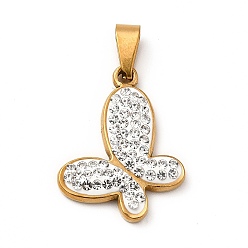 Golden Polymer Clay Rhinestone Pendant, with Vacuum Plating 201 Stainless Steel, Butterfly, Golden, 21x21x4mm, Hole: 7x3.5mm