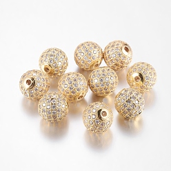 Golden Brass Cubic Zirconia Beads, Round, Golden, 12mm, Hole: 2mm