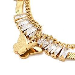 Golden Glass Rectangle Link & Butterfly Charm Double Layered Bracelet, Ion Plating(IP) 304 Stainless Steel Chains Multi-strand Bracelet for Women, Golden, 6-7/8 inch(17.5cm)