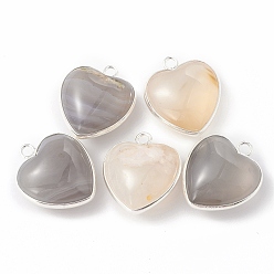 Grey Agate Natural Gray Agate Pendants, with Silver Color Plated Brass Findings, Heart Charms, 18~19x15~17x7~10mm, Hole: 2mm