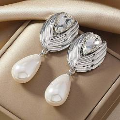 Платина Rhinestone сплава болтаться серьги, с пластиковой жемчужины, слеза, платина, 70x28 мм
