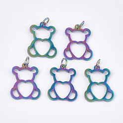 Rainbow Color Ion Plating(IP) 201 Stainless Steel Pendants, with Jump Rings, Bear with Heart, Rainbow Color, 18.5x14x1mm, Jump Ring: 5x0.8mm, Inner Diameter: 3mm