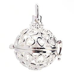Silver Rack Plating Brass Cage Pendants, For Chime Ball Pendant Necklaces Making, Hollow Round with Heart, Silver Color Plated, 30x29x24mm, Hole: 5x6mm, inner measure: 19mm