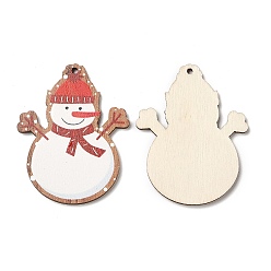 Red Single Face Christmas Printed Wood Big Pendants, Snowman Charms, Red, 55x43x2.5mm, Hole: 2mm