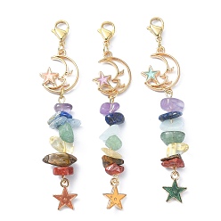 Mixed Color Chakra Natural Gemstone Chip Beaded Pendant Decorations, with Alloy Enamel Charms and 304 Stainless Steel Lobster Claw Clasps, Star and Moon, Mixed Color, 79mm, 3pcs/set