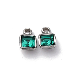 Изумруд 304 из нержавеющей стали горный хрусталь подвески, квадратных амулеты, цвет нержавеющей стали, изумруд, 8x5x3 мм, отверстие : 1.6 мм