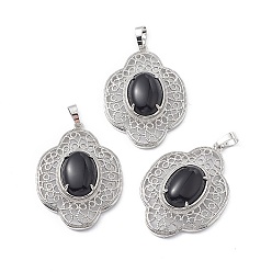 Обсидиан Природные подвески обсидиана, , латунная фурнитура с платиновым покрытием, 44x32x10 мм, отверстие : 8x5 мм