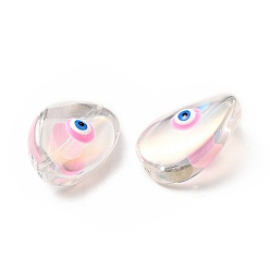 Pearl Pink Transparent Glass Beads, with Enamel, Teardop with Evil Eye Pattern, Pearl Pink, 18.5x12.5x8mm, Hole: 1.2mm