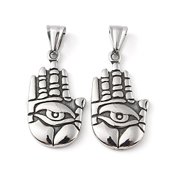 Antique Silver 304 Stainless Steel Pendants, with 201 Stainless Steel Snap on Bails, Palm with Eye Charm, Antique Silver, 35x20x3.5mm, Hole: 9x4.2mm