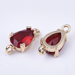 Red Transparent Glass Links connectors, with Brass Findings, Faceted, Teardrop, Light Gold, Red, 13x7x3.5mm, Hole: 1.2mm