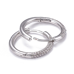 Real Platinum Plated Brass Micro Pave Cubic Zirconia Huggie Hoop Earrings, Long-Lasting Plated, Ring, Clear, Real Platinum Plated, 20x2.5mm, Pin: 0.8mm