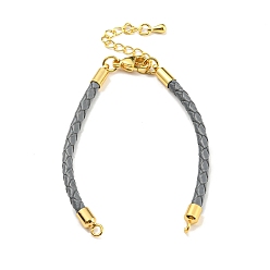 Gray Leather Braided Cord Link Bracelets, Fit for Connector Charms, with Long-Lasting Plated Rack Plating Colden Tone Brass Lobster Claw Clasp & Chain Extender, Gray, 6x1/8 inch(15.2cm), Hole: 2mm
