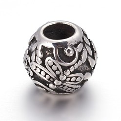 Antique Silver Retro 316 Surgical Stainless Steel European Style Beads, Large Hole Beads, Round with Dragonfly, Antique Silver, 10mm, Hole: 4.5mm