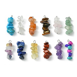 Stainless Steel Color 12Pcs 12 Styles Natural & Synthetic Mixed Gemstone Pendants, Chip Charms with 304 Stainless Steel Loops, Stainless Steel Color, 22~25x7~10x5~10mm, Hole: 1.5~2.5mm, 1pc/style