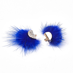 Blue Faux Mink Fur Tassel Pendant Decorations, with Rhinestone and Alloy Findings, Fan, Golden, Blue, 24~28x29~34x8mm, Hole: 1.5mm