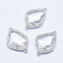 Clear Brass Micro Pave Cubic Zirconia Links, with Glass, Faceted, teardrop, Platinum, Clear, 27x18x4.5mm, Hole: 1.4mm