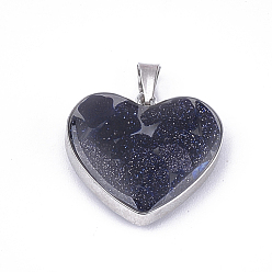 Blue Goldstone Synthetic Blue Goldstone Pendants, with Glass and 304 Stainless Steel Findings, Heart, Stainless Steel Color, 19x21x6mm, Hole: 3x5.5mm