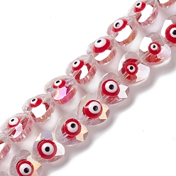 Red Transparent Evil Eye Glass Beads Strands, with Enamel, Faceted, Heart, Red, 10x10x6~7.5mm, Hole: 1.2mm, about 40pcs/strand, 14.25''(36.2cm)