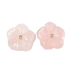 Розовый Кварц Резные подвески из натурального розового кварца, подвески-цветы с латунной бабочкой из прозрачного кубического циркония, реальный 18 k позолоченный, долговечный, стойки покрытие, 30x30.5x6 мм, отверстие : 1.4 мм