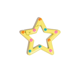 Yellow Spray Painted Alloy Spring Gate Ring, Polka Dot Pattern, Star, Yellow, 30x31.5x3.3mm