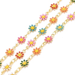 Colorful Brass Daisy Flower & Oval Link Chains, with Enamel & Spool, Soldered, Real 18K Gold Plated, Colorful, Links: 13x7.5x2mm, 4x3x0.6mm