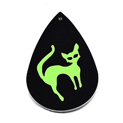 Cat Shape Halloween Theme Imitation Leather Pendants, Teardrop, Lime, Cat Pattern, 56.5x37x2mm, Hole: 1.6mm