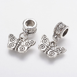 Antique Silver Tibetan Style Alloy European Dangle Charms, Large Hole Pendants, Butterfly, Antique Silver, 21mm, Hole: 5mm, Pendant: 10x15x3mm