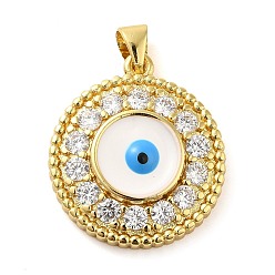 White Real 18K Gold Plated Brass Pendants, with Glass and Acrylic, Flat Round with Evil Eye, White, 23x20.5x4.5mm, Hole: 5x3.5mm