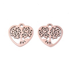 Rose Gold 201 Stainless Steel Pendants, Heart with Tree, Rose Gold, 15.5x15.5x1mm, Hole: 1.8mm