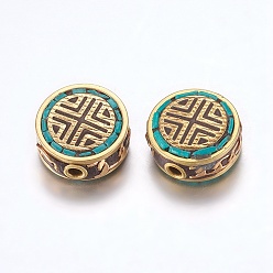 Green Handmade Indonesia Beads, with Brass Findings, Nickel Free, Flat Round, Raw(Unplated), Green, 15~16x7~8mm, Hole: 2mm