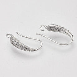 Real Platinum Plated Brass Micro Pave Cubic Zirconia Earring Hooks, with Horizontal Loop, Nickel Free, Clear, Real Platinum Plated, 19~20x10~11x4mm, Hole: 2mm, 21 Gauge, Pin: 0.7mm