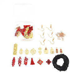 Red 15Pcs Chinese Character Alloy Links Connectors & Pendants, with 5m Waxed Cotton Cord and 10Pcs Brass Earring Hooks for DIY Jewelry KIts, Red