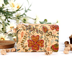 Flower Cork Zipper Wallets with Snap Clasp, Makeup Bags, Fashion Multi-Function Clutch Bags, Flower, 11x7.5x0.5cm