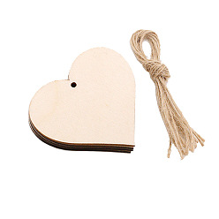 None Pattern Heart Unfinished Wooden Ornaments, with Hemp Cord, Valentine's Day Hanging Decorations, for Party Gift Home Decoration, None Pattern, 53x56x2.5mm