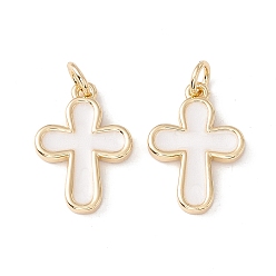 White Enamel Pendants, with Real 18K Gold Plated Brass Findings and Jump Ring, Lead Free & Cadmium Free, Cross, White, 18x13x2mm, Jump Ring: 5x0.9mm, 3.4mm Inner Diameter.