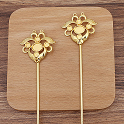 Golden Lotus Alloy Hair Sticks Findings, Cabochons Settings, with Iron Sticks and Loop, Golden, 120x35mm, Tray: 7x9mm