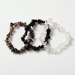 Black Multi-strand Gemstone Chips Stretch Bracelets, 3 Bracelets a Set, Black, 53~55mm