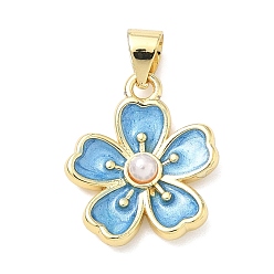 Светло-Голубой Латунь эмаль подвески, , с пластмассовой жемчужиной abs, долговечный, стойки покрытие, без свинца и без кадмия, реальный 18 k позолоченный, Небесно-голубой, 17x15x3.5 мм, отверстие : 5x3 мм
