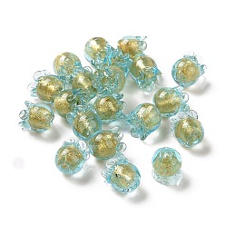 Cyan Handmade Gold Foil Lampwork Glass Beads, Tulip, Cyan, 9x8.5mm, Hole: 1.6mm