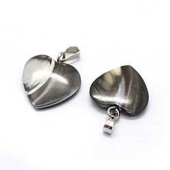Platinum Shell Pendants, with Brass Findings, Heart, Dyed, Platinum, 17~19x14~15x3~5mm, Hole: 2x5mm