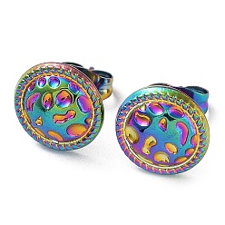 Rainbow Color Ion Plating(IP) 304 Stainless Steel Flat Round Button Ear Studs for Women, Rainbow Color, 10.5mm