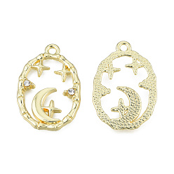 Light Gold Rack Plating Alloy Pendants, with Crystal Rhinestone, Oval with Moon & Star, Cadmium Free & Nickel Free & Lead Free, Light Gold, 27x18.5x3mm, Hole: 1.8mm