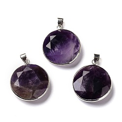 Amethyst Natural Amethyst Beads Pendants, with Platinum Brass Findings, Flat Round, 30.5x26.4x7.8mm, Hole: 6x4mm