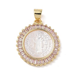 Pink Религия латунь микро проложить цирконий подвески, с оболочкой, плоский круглый со святыми подвесками, стойки покрытие, долговечный, без кадмия и без свинца, реальный 18 k позолоченный, розовые, 21.5x18.5x3.5 мм, отверстие : 4.5x3.5 мм